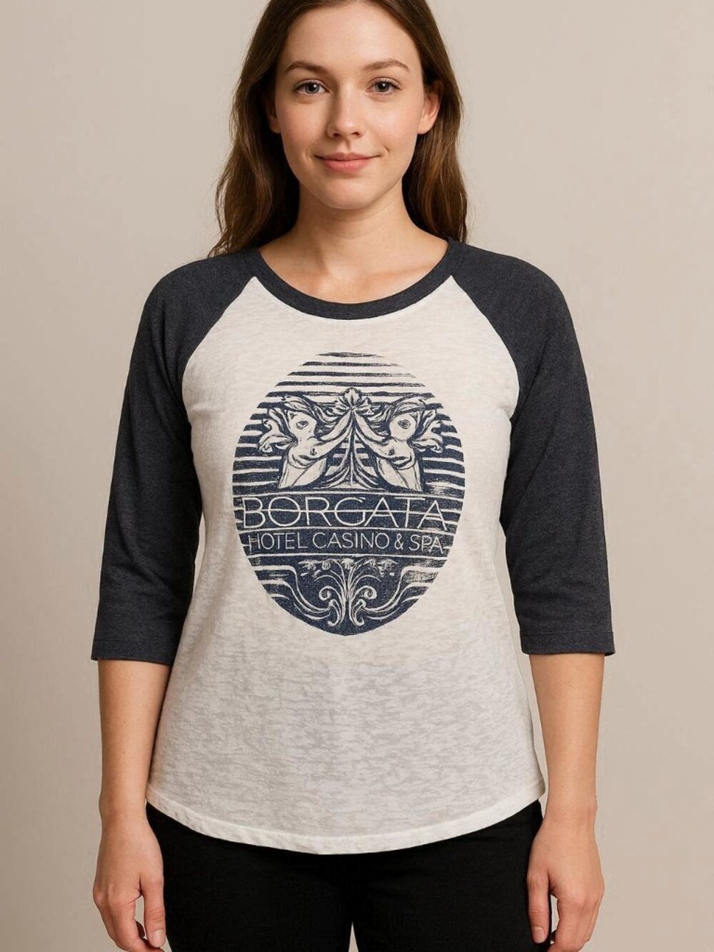 Womens Sz L Borgata White With Blue Raglan Sleeves Baseball T-Shirt ¾ Sleeve